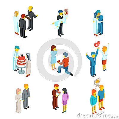 Isometric 3d relationship and wedding people icons Vector Illustration