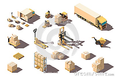 Isometric 3d set big and small shipment truck with forklift and box for delivery moving. Vector Illustration