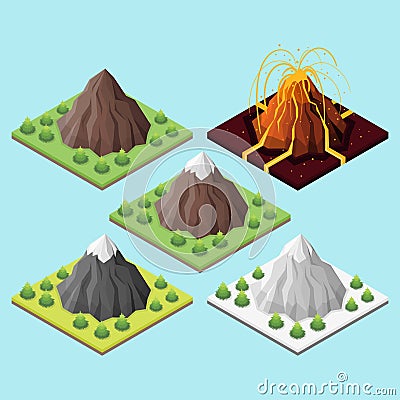 Isometric 3d set of mountains and volcano. Vector Illustration