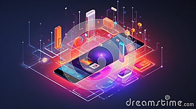 Isometric 3d smartphon. Internet of things. Generative AI Stock Photo