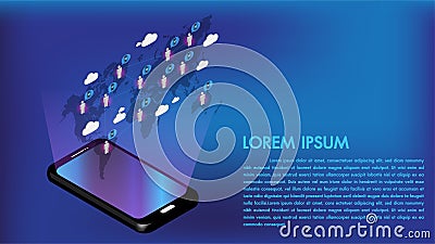 Isometric 3d smartphone internet connect social media with people and data transmission on cloud storage telecommunication network Vector Illustration