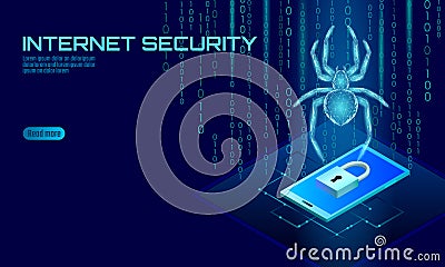 Isometric 3D spider hacker attack danger. Web security virus data safety antivirus concept. Smartphone lock design Vector Illustration