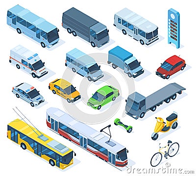 Isometric 3d transport, sedan, bus, ambulance car, truck, bicycle. Public city transport, tram, trolleybus and police Vector Illustration