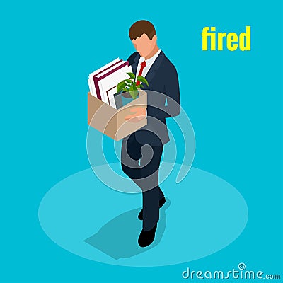 Isometric 3d vector illustration people Dismissed sad man carrying box with her things Dismissal, Unemployment, jobless Vector Illustration