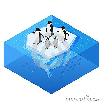 Isometric 3d vector realistic style illustration of penguins on the glacier Vector Illustration