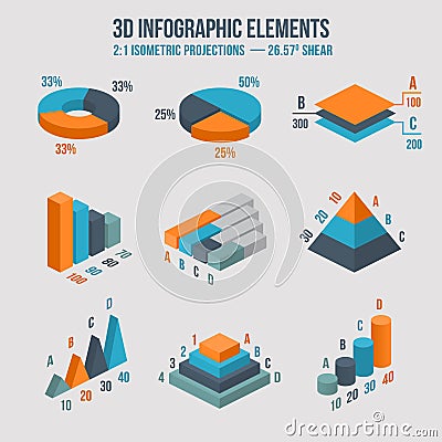 Isometric 3d vector sign. Pie and donut chart Vector Illustration