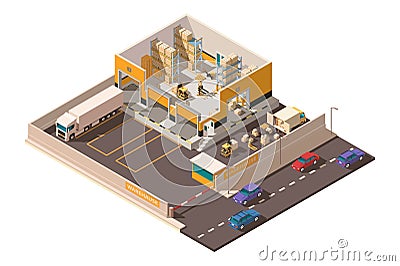Isometric 3d warehouse with territory, parking, big shipment truck, forklift and box for delivery. Vector Illustration