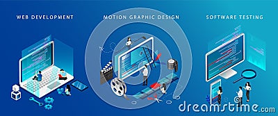 Isometric 3D Web Development, Video Edit And Software Testing Concept. Tiny Characters Work On Laptops Test Software Vector Illustration