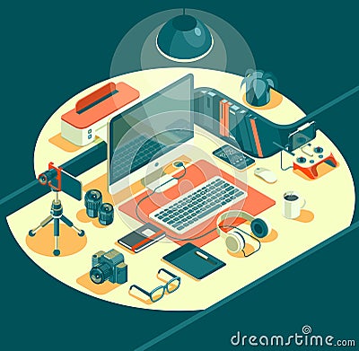 Isometric 3d workspace concept vector. Devices set. Vector Illustration