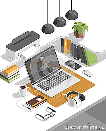 Isometric 3d workspace concept vector. Devices set. Vector Illustration