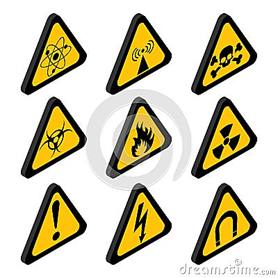 Isometric danger and toxic sign in yellow triangle set. hazard warning icons vector illustration EPS Vector Illustration