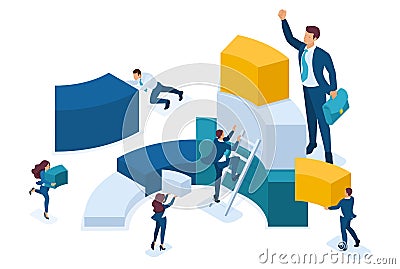 Isometric Data for analysis, creating charts, businessmen carry information. Concept for web design Vector Illustration
