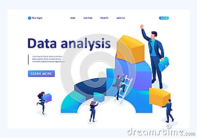 Isometric Data for analysis, creating charts, businessmen carry information. Landing page concepts and web design Vector Illustration