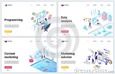 Isometric data analysis, development marketing vector illustrations with marketer designer people developing Vector Illustration