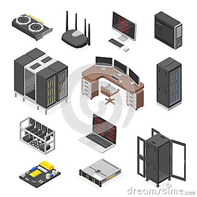 Isometric data center elements. Digital technologies, computers and monitors. Server equipment, router and components Vector Illustration