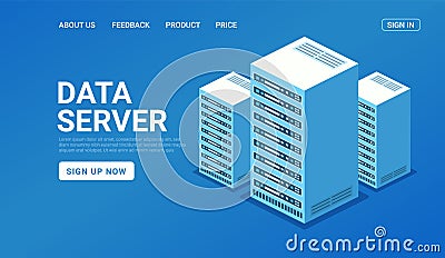 Isometric data center server technology server backup big block storage digital database website Vector Illustration