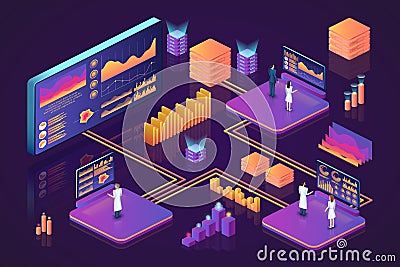 Isometric data. Digital 3D business solutions searching. Analysis technology. Infographic dashboard. Management process Vector Illustration