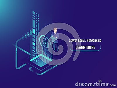 Isometric data flow processing, safe information on cloud server concept, scans a person face. biometric identification Vector Illustration