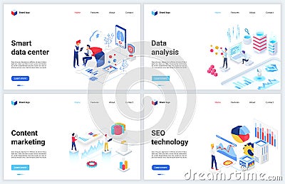 Isometric data marketing, seo technology vector illustrations, banner set for analyzing market database service, seo Vector Illustration