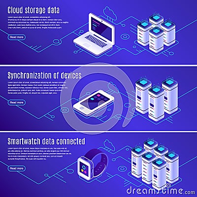 Isometric database. Computer, laptop and smartphone connected to cloud online data storage. Secure access to backup Vector Illustration