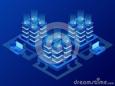 Isometric Database Network Management. Big Data processing, energy station of future. IT Technician Turning Server Vector Illustration