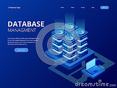 Isometric Database Network Management. Big Data processing, energy station of future. IT Technician Turning Server Vector Illustration
