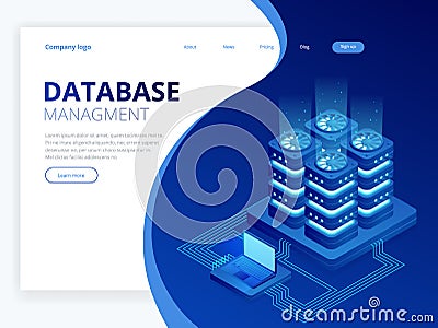 Isometric Database Network Management. Big Data processing, energy station of future. IT Technician Turning Server Vector Illustration