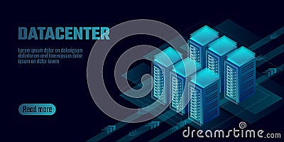 Isometric datacenter cloud computing storage concept banner. Site hosting big data processing rack rent. Mainframe Vector Illustration