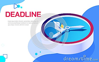 Isometric deadline time is running out concept. Business man work hard and overload under pressure on big clock in urgent deadline Vector Illustration