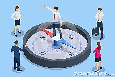 Isometric define marketing direction and search customer global network. Business people using compass for navigation Vector Illustration