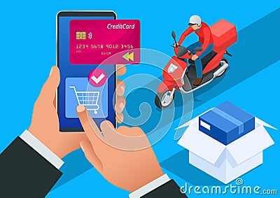 Isometric Delivery App isometric website template. Online shopping banner, fast delivery service. Woman using credit Vector Illustration