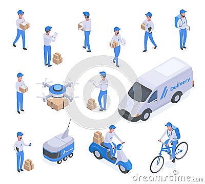Isometric delivery characters, logistic service, postman or mailman workers. Delivery logistic service, parcels and packages Vector Illustration