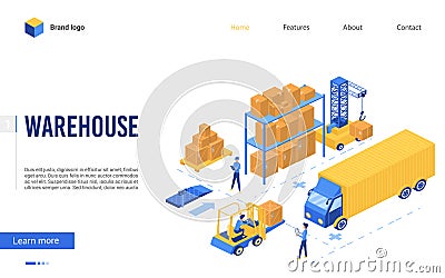 Isometric delivery logistic service vector illustration, 3d interface website design with cartoon worker characters work Vector Illustration