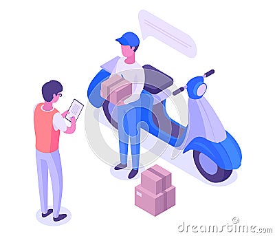 Isometric delivery service. Courier shipping parcel, online logistic concept. Deliveryman bring package to customer 3d vector Vector Illustration