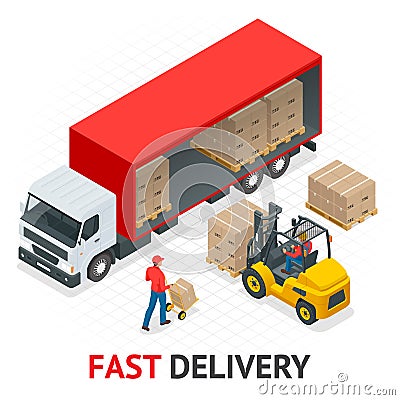 Isometric delivery and shipment service. Fast and Free Vector Illustration
