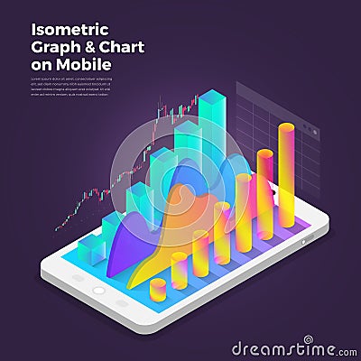 Isometric design concept mobile application analytics tools. Vector illustrations. Vector Illustration