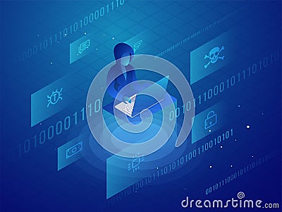 Isometric design with hacker using laptop for personal data protection or hacking concept. Stock Photo