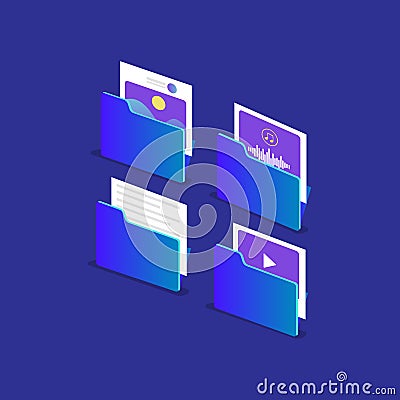 Isometric design multimedia file folder concept on blue background Stock Photo