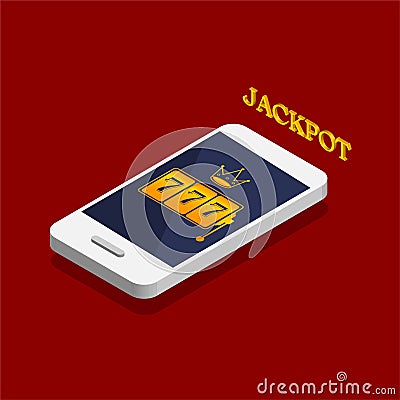 Isometric design of slot machine with lucky sevens jackpot on a phone screen. Vector Illustration