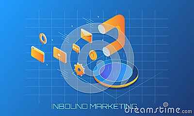 Inbound marketing, isometric design, large magnet as a marketing tool, other advertising elements. Vector Illustration