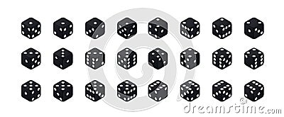 Isometric dice. Variants black game cubes isolated on white background. All possible turns authentic collection icons in Vector Illustration