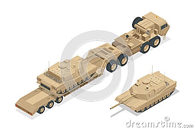 Isometric diesel engine-powered military truck artillery tractor and tank isolated on white Vector Illustration