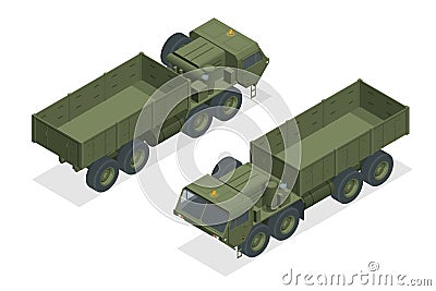 Isometric diesel engine-powered military truck artillery tractor and tank isolated on white Vector Illustration