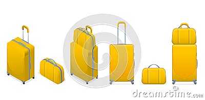 Isometric different colorful Business and family vacation travel luggage bag, handbag baggage modern. Set of suitcases Vector Illustration