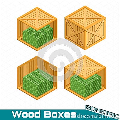 Isometric different wood boxes closed and open from side with pack of money on white Vector Illustration