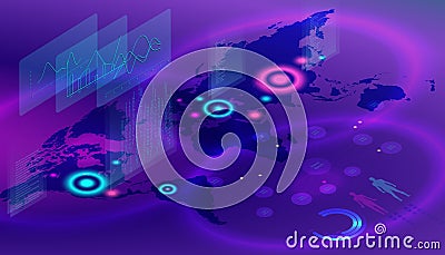 Isometric digital World map. Concept of over population. vector illustration of global map in isometric style on violet background Vector Illustration