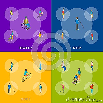 Isometric Disabled People Characters Banner Set. Vector Vector Illustration
