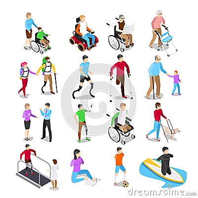 Isometric disabled people. Disability care, disabled elderly senior in wheelchair and limb prosthetics vector set Vector Illustration