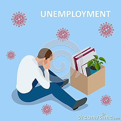 Isometric dismissal, severance, termination in case. Economic crisis caused by coronavirus. Unemployment, jobless and Vector Illustration