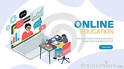 Isometric distance learning. Woman sitting at desk back view, laptop with teacher on screen, man gives lecture or Vector Illustration